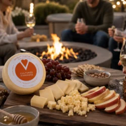 Smoked Gouda cheese served with fruit around a fire pit