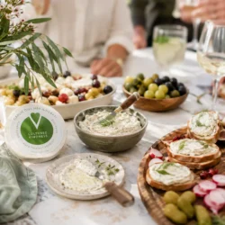 A table with white linens and brunch food like bagels and cream cheese and fruit