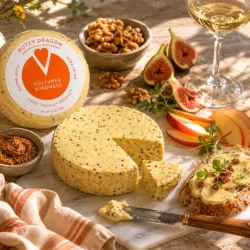 Nutty Dragon cashew cheese on a table served with toast and wine