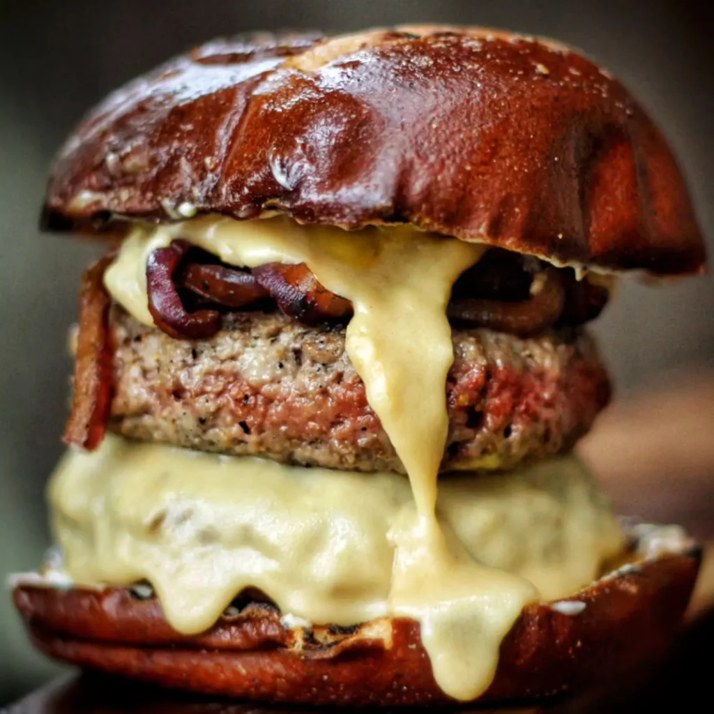 a melty burger with vegan smoked gouda