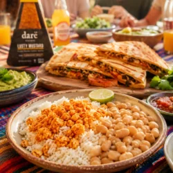 Dare Lusty Mustard crumbled on rice with beans and a stuffed quesadilla