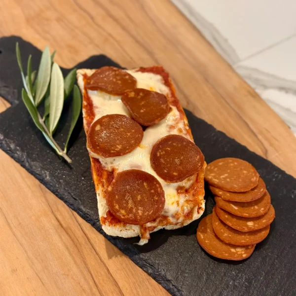 vegan plant based french bread pizza with koji pepperoni