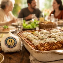 Cheeze and Thank You Mozzarella ball shown melted on lasagna at a dinner table