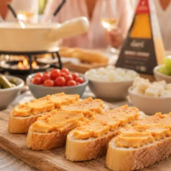 Smoked Cheddar cheese spread on crostini with a Fondue pot in the back