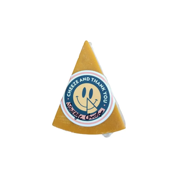 A packaged wedge of vegan Summer sausage filled aged cheddar cheese by Cheeze and Thank You 5oz