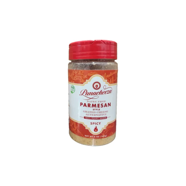 a container of panacheeza dairy free spicy flavor grated parmesan 5oz
