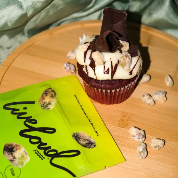 Live Loud Foods Candied Citrus Pistachios on a cupcake