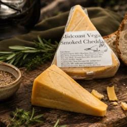 Wedge of Midcoast Vegan Smoked Cheddar on a cutting board