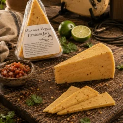 Slices and a wedge of Topsham Pepper Jack cheese on a wooden board
