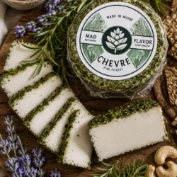 Mad Flavor Pine Forest herbed chevre sliced on a wood board