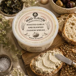 Mad Flavor Garlic Seaweed spread smeared on a piece of toast