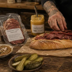 Chef making a Midcoast Vegan pastrami sanwoch with mustard and pickles on a cutting board