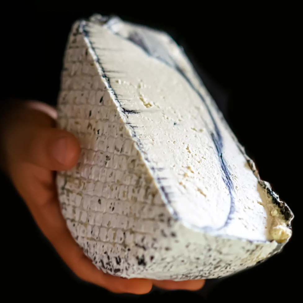 half a vegan cheese wedge in someone hand with a black background