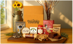 The Vreamery subscription box with mushrooms, pasta, salami, brownies and an assortment of vegan cheeses