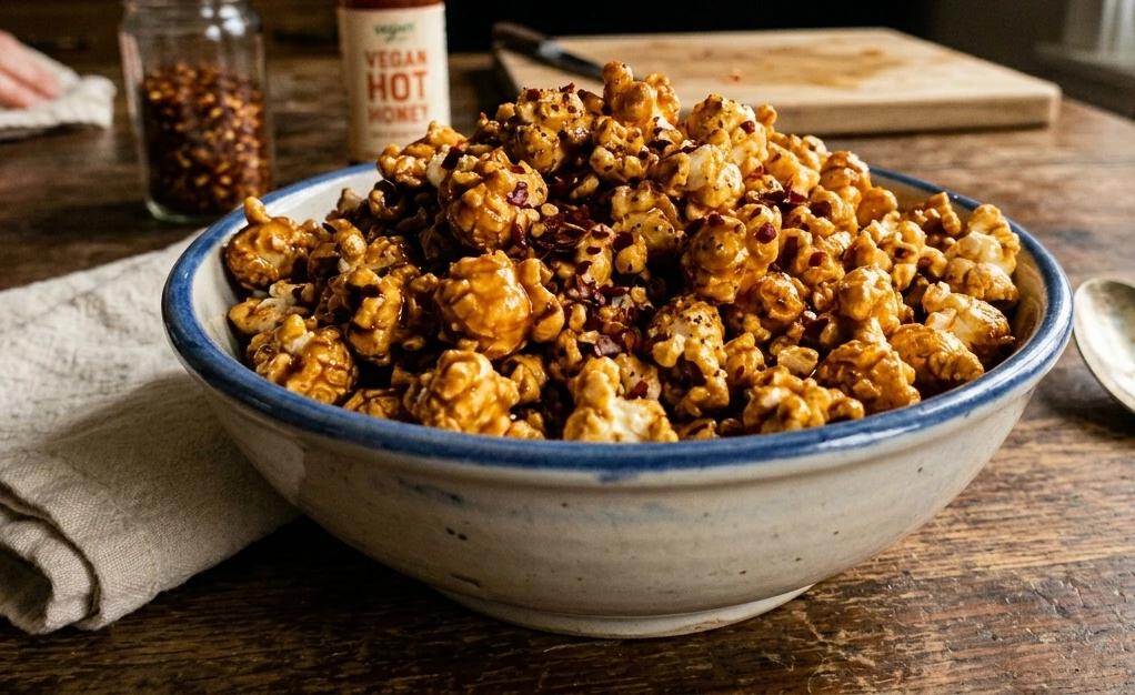A bowl of golden vegan hot honey popcorn with red chili flakes