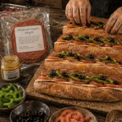 Chef building a pan of salami sandwiches with mustard and Midcoast Vegan meat
