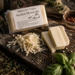 Grated smoked Mozzarella cheese on a cutting board