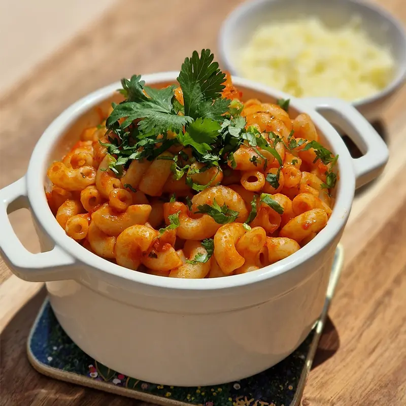 Smoked Gouda-Style Vegan Mac & Cheese with Roasted Red Peppers in a bowl