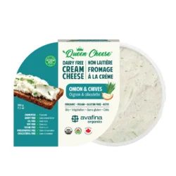 a package of vegan Onion and Chive Queen Cheese on a white background