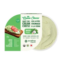 a package of vegan Pesto Queen Cheese on a white background