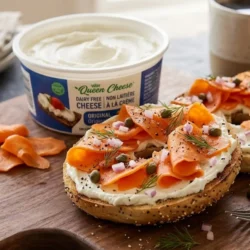 Half a bagel with Avafina cream cheese original flavor with carrot lox and capers