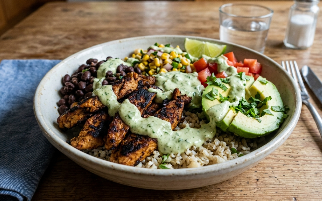 Overhead shot of a vegan pollo asado bowl on a wooden dining table. The bowl contains charred plant-based meat, brown rice, black beans, corn salsa, diced tomatoes, and sliced avocado, all drizzled with a light green serrano crema.