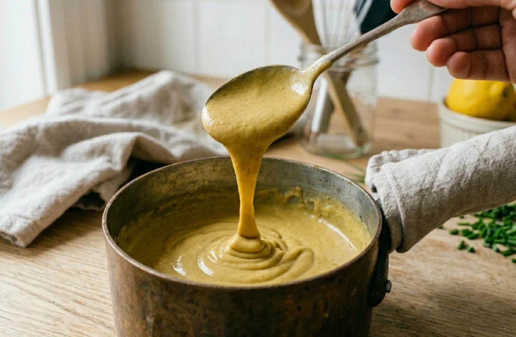Homemade dairy-free vegan hollandaise sauce being lifted with a spoon from a small pot, showing a thick and creamy texture for a plant-based Benedict recipe.