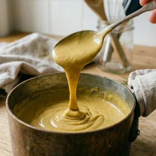 Homemade dairy-free vegan hollandaise sauce being lifted with a spoon from a small pot, showing a thick and creamy texture for a plant-based Benedict recipe.