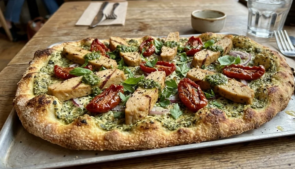 Crispy vegan flatbread topped with pesto cream cheese, plant-based chicken filets, and red sun-dried tomatoes