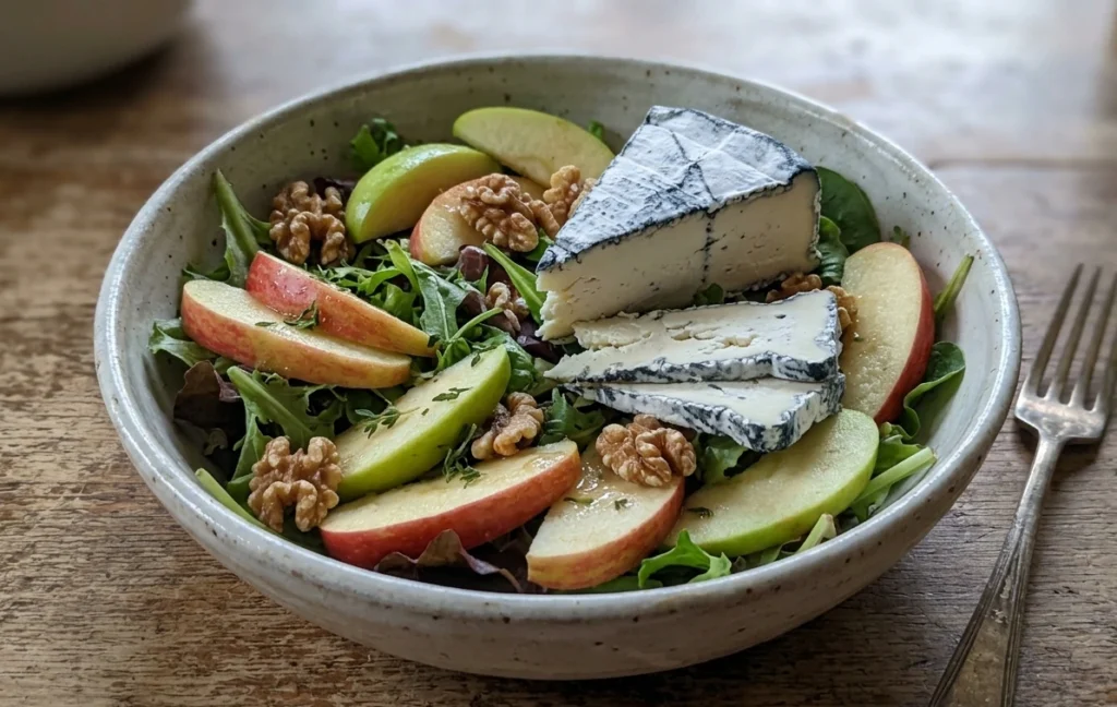 Fresh orchard salad with sliced apples, walnuts, and wedges of ash-ripened vegan barncat cheese