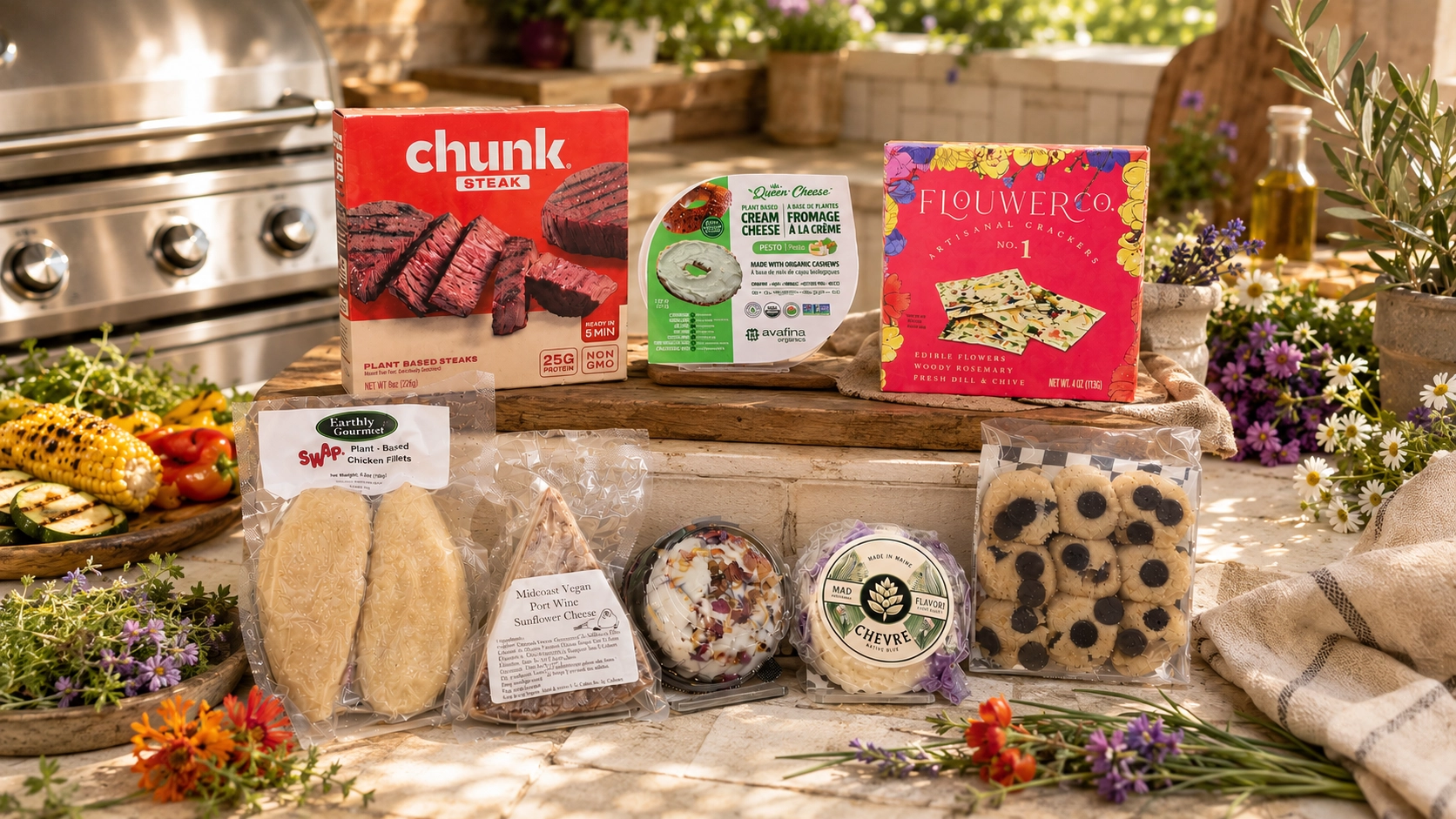 BBQ and Blooms Subscription Box with vegan meat and cheese