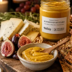 a jar of mustard with a bowl of mustard