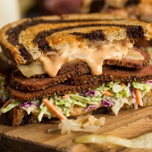 Pastrami sandwich on rye bread with dripping sauce