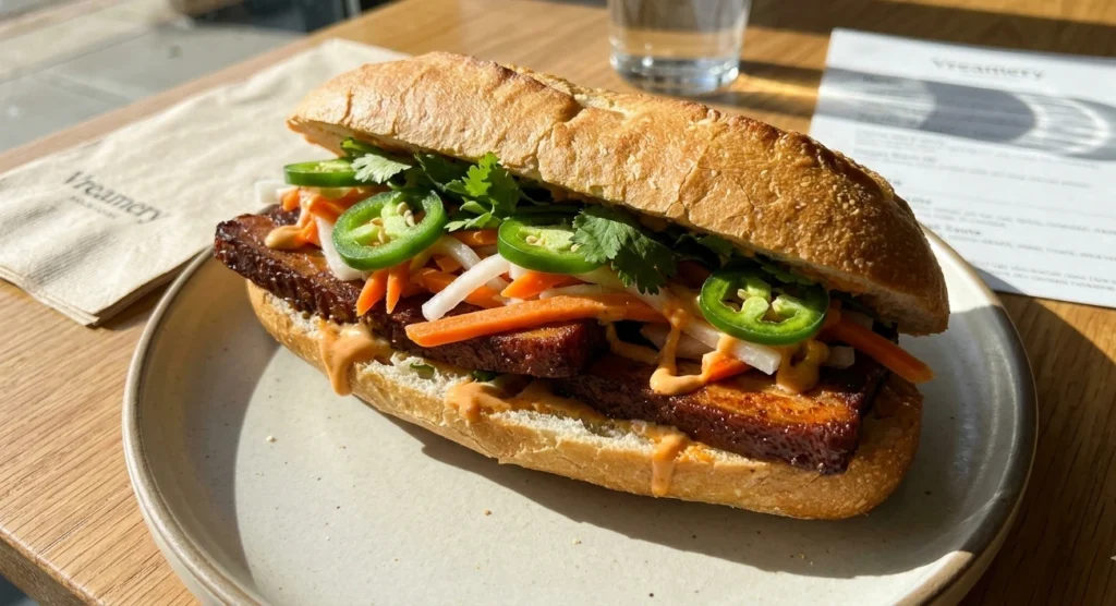 Vegan Banh Mi sandwich with thick-cut Lypid bacon, pickled carrots, jalapeños, and spicy mayo drizzle