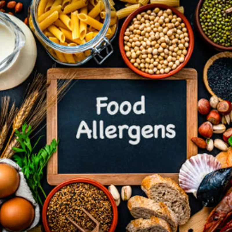 Food allergen sign with food groups surrounding the sign