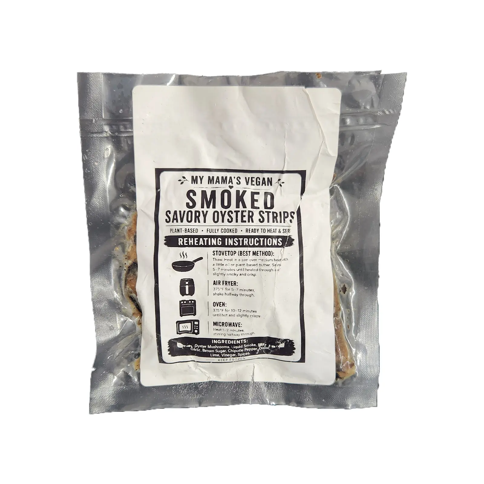 A package of My Mama's Vegan Smoked Oyster Strips