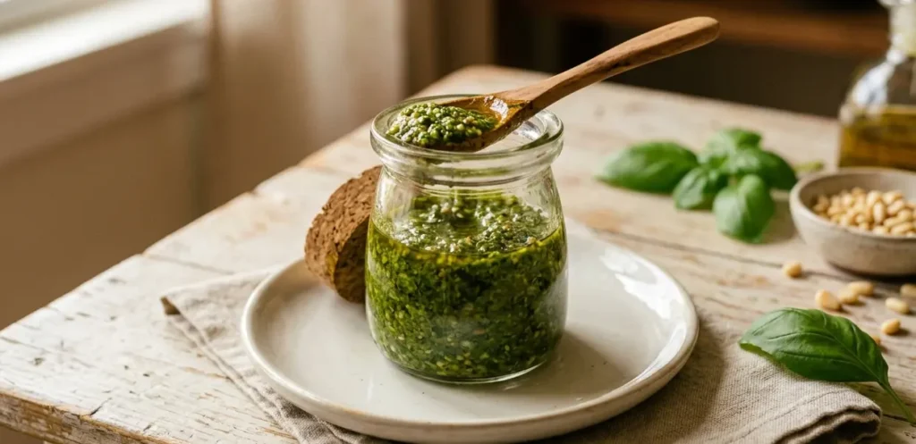 An overhead, rustic-style shot of a small glass jar filled with plant-based vibrant green, textured basil pesto dressing, resting on a ceramic saucer with a wooden spoon holding a scoop of vegan pesto on top. The scene is set on a weathered wooden table with scattered pine nuts, fresh basil leaves, and a bottle of olive oil blurring in the background.