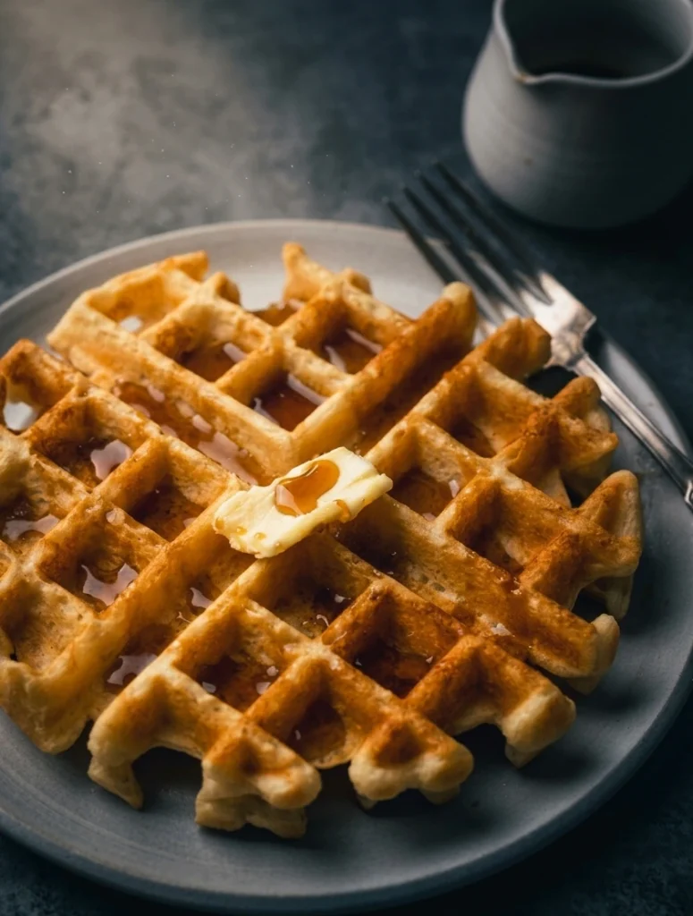 Close-up of a crispy golden vegan buttermilk waffle on a grey plate, topped with a pat of melting plant-based butter and pure maple syrup.